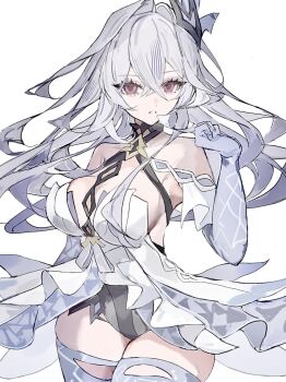 1girl breasts dress genshin_impact grey_hair hair_intakes highres long_hair mamamam_pi red_eyes simple_background skirk_(genshin_impact) solo thick_thighs thighs white_background white_dress