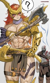 1girl abs angela_(marvel) axe bald beard bodypaint breasts facial_hair god_of_war highres kratos_(god_of_war) long_hair marvel marvel_rivals metal_bra muscular muscular_female navel norse park_ongjol red_hair scar weapon