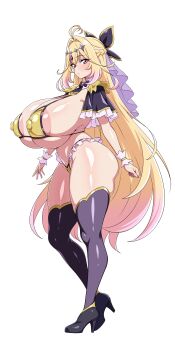 1girl absurdres antenna_hair areola_slip bikini black_bow black_capelet black_thighhighs blonde_hair blush bow braid breasts brooch capelet commentary_request covered_erect_nipples crossed_bangs cure_arcana_shadow diamond_hairband earrings full_body gold_bikini gold_trim hair_bow hair_intakes high_heels highleg highleg_bikini highres huge_breasts jabara_tornado jewelry long_hair looking_at_viewer meitantei_precure! moria_luluka navel precure purple_eyes purple_veil swimsuit thighhighs veil very_long_hair wrist_cuffs