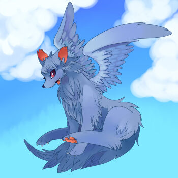 :d animal_focus cloud commentary_request creature creature_focus fang feathered_wings fluffy flying full_body grey_fur highres no_humans open_mouth original outdoors pawpads red_eyes sky smile solo suppainu wings