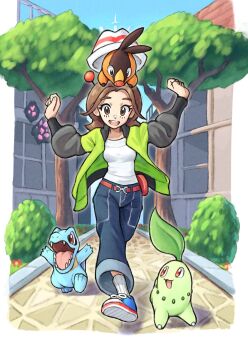 1girl bell-bottoms belt blue_sky breasts brown_eyes brown_hair chikorita commentary fangs gen_2_pokemon gen_5_pokemon green_jacket grimmelsdathird harmony_(pokemon) hat highres jacket leaf long_sleeves lumiose_city nintendo on_head open_clothes open_jacket open_mouth outdoors pants pokemon pokemon_(creature) pokemon_legends:_z-a pokemon_on_head prism_tower red_eyes ribbed_socks sharp_teeth shirt shoes short_hair sky smile socks starter_pokemon_trio striped_hat symbol-only_commentary teeth tepig totodile tree white_hat white_shirt