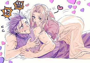 !? 1boy 1girl aerith_gainsborough bare_arms bare_shoulders bent_over black_hair blue_eyes blush brown_hair commentary_request couple crisis_core:_final_fantasy_vii cropped_jacket dress feet_out_of_frame final_fantasy final_fantasy_vii final_fantasy_vii_remake flying_sweatdrops girl_on_top green_eyes hair_ribbon hand_on_another&#039;s_shoulder heart hetero highres jacket leaning_on_person long_hair looking_at_another motion_lines mrg2by open_mouth parted_bangs pink_dress pink_ribbon red_jacket ribbed_sweater ribbon short_sleeves sleeveless sleeveless_turtleneck sparkle spoken_interrobang sweat sweater turtleneck turtleneck_sweater twitter_username zack_fair