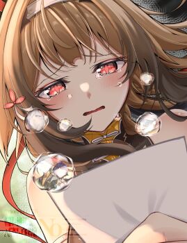 1girl bare_shoulders belle_(delicate_sunlight)_(zenless_zone_zero) belle_(zenless_zone_zero) blush brown_hair chinese_clothes clover_hair_ornament commentary_request gradient_hair hair_ornament headband highres ju_fufu minazuki_rio26 multicolored_hair pan_yinhu photo_(object) red_eyes red_ribbon ribbon solo_focus staring teardrop tearing_up two-tone_background watermark wise_(soaring_crane)_(zenless_zone_zero) wise_(zenless_zone_zero) ye_shiyuan ye_shunguang yixuan_(zenless_zone_zero) zenless_zone_zero