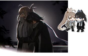 2girls ahoge alternate_costume black_coat black_hair black_pants black_shoes blue_eyes blush blush_stickers brown_coat brown_eyes brown_hair chibi chibi_inset closed_eyes coat commentary dot_nose earrings emimhok feather_hair_ornament feathers glint grey_scarf hair_intakes hair_ornament hairclip heads_together highres hololive hololive_english hug hug_from_behind jewelry long_hair looking_at_viewer multicolored_hair multiple_girls nanashi_mumei necklace no_mouth open_clothes open_coat open_mouth ouro_kronii pants plaid_clothes plaid_scarf ponytail scarf shirt shoes short_hair signature smile standing streaked_hair symbol-only_commentary very_long_hair virtual_youtuber white_hair white_shirt yuri
