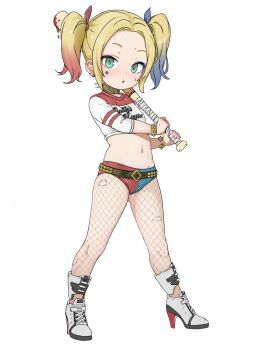 1girl aged_down alfa_j0r animification baseball_bat belt blonde_hair blood bloody_weapon blue_hair boots bracelet choker clothes_writing crop_top dc_comics earrings female_focus fishnet_pantyhose fishnets green_eyes hair_ribbon harley_quinn high_heel_boots high_heels highres holding holding_baseball_bat jewelry legs_apart loli looking_at_viewer micro_shorts midriff multicolored_hair navel pantyhose parted_bangs parted_lips red_hair ribbon shirt short_hair short_twintails shorts simple_background solo spiked_bracelet spikes standing studded_belt suicide_squad thighs torn_clothes torn_pantyhose twintails weapon white_background white_boots white_shirt