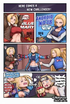 ! !! !? 2025 ? ?? android_18 angry artist_name blonde_hair blue_eyes blue_mary breasts cammy_white comic confused crop_top crossed_arms crossover dated dragon_ball dragonball_z dreaming english_text fighting fingerless_gloves gloves grabbing_another&#039;s_hair hershuar holding_another&#039;s_hair jacket large_breasts look-alike meme multiple_crossover nightmare open_mouth pants pointing pointing_at_another pointing_spider-man_(meme) saliva sleepy smile snk speech_bubble the_king_of_fighters twitter_username