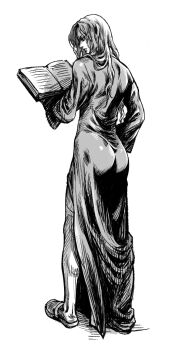 1boy ass book closed_mouth commentary_request enki_(fear_&amp;_hunger) fear_&amp;_hunger_(series) fear_&amp;_hunger_1 from_behind full_body greyscale holding holding_book long_hair male_focus monochrome open_book robe simple_background solo standing white_background yoshinaga_yuki