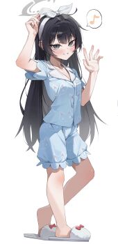 1girl absurdres animal_print arm_up black_eyes black_hair blue_archive blue_pajamas blue_shirt blue_shorts blush breasts collarbone full_body grey_eyes grey_halo hairband halo highres kisaki_(blue_archive) long_hair looking_at_viewer musical_note open_mouth pajamas shirt short_sleeves shorts simple_background slippers small_breasts smile solo spoken_musical_note standing um_111 very_long_hair white_background white_hairband yuuka_(blue_archive)