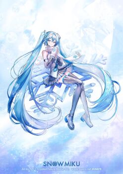 1girl absurdly_long_hair ahoge aqua_eyes aqua_hair blue_hair blue_necktie blue_trim blush boots breasts commentary_request detached_sleeves full_body gradient_hair grey_skirt hair_between_eyes hair_ornament hatsune_miku headphones headset highres long_hair long_sleeves looking_at_viewer mittens multicolored_hair necktie pipi_(pipinavigation) pleated_skirt scarf shiny_clothes shirt sitting skirt sleeveless sleeveless_shirt small_breasts snowflake_print snowflakes solo thigh_boots thighhighs tie_clip twintails very_long_hair vocaloid white_mittens white_scarf wide_sleeves yuki_miku yuki_miku_(2011) zettai_ryouiki