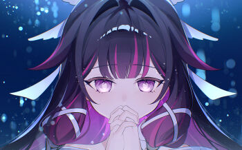 1girl black_hair blurry blurry_background columbina_(genshin_impact) commentary_request genshin_impact hair_intakes hair_ornament hands_up highres hiroyi_(mei) interlocked_fingers looking_at_viewer multicolored_hair own_hands_clasped own_hands_together portrait purple_eyes purple_hair solo streaked_hair unusually_open_eyes wing_hair_ornament