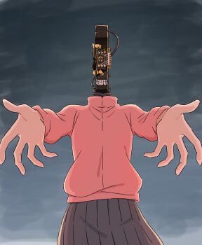 1girl absurdres black_skirt bocchi_the_rock! chainsaw_man commentary_request facing_viewer gotoh_hitori grey_background guitar highres instrument mayo_(oekaki_bibbi) object_head pink_track_suit pleated_skirt reaching reaching_towards_viewer scene_reference skirt solo track_suit