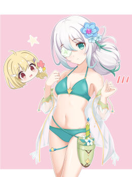 Rule 34 | 2girls, absurdres, anemone (princess connect!), anemone (summer) (princess connect!), bikini, blue flower, breasts, clear (princess connect!), clear (summer) (princess connect!), closed mouth, flower, flower eyepatch, flower over eye, gradient hair, green bikini, green eyes, grey hair, hair bun, hair flower, hair ornament, hair vines, highres, knife sheath, looking at viewer, multicolored hair, multiple girls, navel, princess connect!, sheath, small breasts, standing, swimsuit, thigh sheath, thigh strap, winterline