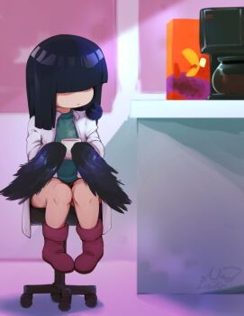 1girl animal animal_on_shoulder bird bird_on_shoulder black_hair blunt_bangs blunt_ends boots coffee coffee_maker coffee_pot commission counter cup female_focus hair_over_eyes harpy hatsu_(hatsumiilkshake) highres hime_cut holding holding_cup indoors monster_girl mug original sitting solo steam stool winged_arms wings