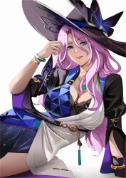 Rule 34 | 1girl, arm support, black gloves, black hat, blue dress, blue eyes, bracelet, breasts, choker, cleavage, commentary, dress, eyeshadow, gloves, grin, hand up, hat, highres, honkai: star rail, honkai (series), jade (honkai: star rail), jewelry, large breasts, long hair, looking at viewer, makeup, notgustiarp, parted lips, pink hair, short sleeves, simple background, single glove, smile, solo, two-tone dress, white background, white dress