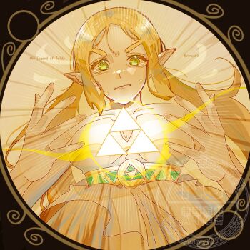 1girl annco60 bare_arms bare_shoulders blonde_hair breasts copyright_name dress furrowed_brow green_eyes long_hair medium_breasts nintendo outstretched_arms parted_bangs pointy_ears princess_zelda sidelocks solo tears the_legend_of_zelda the_legend_of_zelda:_breath_of_the_wild triforce twitter_username upper_body white_dress