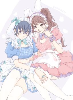 2girls animal_ear_hairband animal_ears apron blue_eyes bow brown_eyes clothing_cutout collarbone commentary dress fake_animal_ears garter_straps hair_between_eyes hairband heart_cutout highres jewelry kujikawa_rise lop_rabbit_ears midriff multiple_girls persona persona_4 pink_dress rabbit_ear_hairband rabbit_ears ring shirogane_naoto short_hair thighhighs usa_(kawaii_152cm) white_apron white_thighhighs wrist_bow wrist_cuffs
