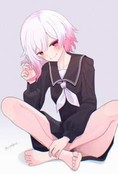 1girl barefoot black_sailor_collar black_serafuku black_shirt black_skirt closed_mouth commentary_request crossed_ankles empty_eyes fang feet full_body gradient_hair grey_background highres holding holding_own_hair long_sleeves looking_at_viewer mahou_shoujo_no_majo_saiban multicolored_hair neckerchief pink_hair playing_with_own_hair pleated_skirt red_eyes sailor_collar sakuraba_ema school_uniform scopedog_12 serafuku shirt short_hair simple_background sitting skirt smile solo white_hair white_neckerchief