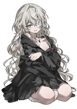 1girl absurdres bandages chu_yeon commission eyepatch highres kneeling long_hair one_eye_covered original solo very_long_hair white_background