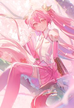 1girl absurdres agyou_sonokou_l ahoge armpit_crease blush cherry_blossoms collared_shirt detached_sleeves feet_out_of_frame flat_chest floating_hair grin hair_between_eyes hair_ornament hatsune_miku highres in_tree leaf_hair_ornament looking_at_viewer miniskirt necktie pink_eyes pink_hair pink_necktie pink_skirt pink_sleeves pink_thighhighs sakura_miku shirt sitting sitting_in_tree skirt sleeveless sleeveless_shirt smile solo thighhighs tree twintails vocaloid wing_collar