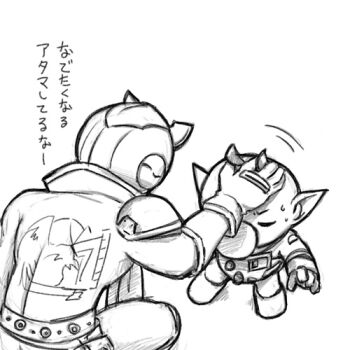 belt big_nose buttons captain_falcon closed_eyes collared_jacket commentary_request f-zero from_above furrowed_brow gloves greyscale headpat height_difference helmet high_collar jacket knee_pads lowres monochrome motion_lines naru_(wish_field) nintendo olimar on_one_knee pants patch pikmin_(series) pointy_ears short_hair simple_background single_shoulder_pad spacesuit standing studded_belt super_smash_bros. sweat translation_request very_short_hair white_background