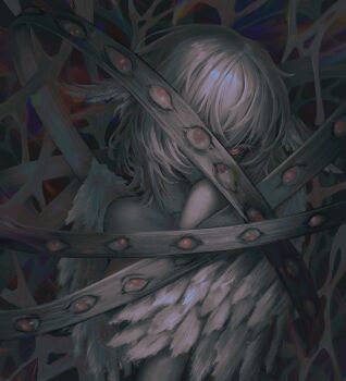 1girl absurdres angel angel_wings biblically_accurate_angel breasts commentary extra_eyes feathered_wings grey_hair highres looking_at_viewer mdm4 medium_hair nude ophan original red_eyes small_breasts solo symbol-only_commentary upper_body wings