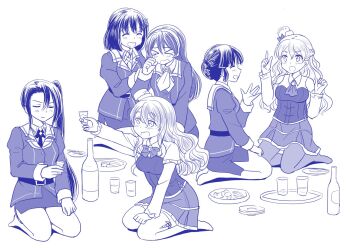 Rule 34 | > <, 6+girls, alcohol, ashigara (kancolle), ashigara kai ni (kancolle), blue theme, bottle, bow, bowtie, closed eyes, closed mouth, commentary request, crying, cup, haguro (kancolle), haguro kai ni (kancolle), hair between eyes, hair bun, hat, holding, holding cup, jacket, kantai collection, kneeling, long hair, long sleeves, miniskirt, monochrome, multiple girls, myoukou (kancolle), myoukou kai ni (kancolle), nachi (kancolle), nachi kai ni (kancolle), open mouth, pantyhose, pola (kancolle), shimazaki mujirushi, short hair, side ponytail, side slit, simple background, skirt, tears, thighhighs, tray, zara (kancolle)