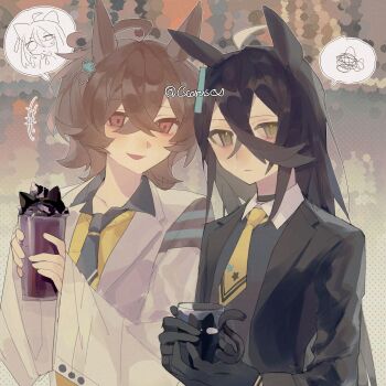 2girls agnes_tachyon_(umamusume) ahoge black_choker black_gloves black_hair black_necktie black_shirt brown_hair chibi chibi_inset choker closed_mouth coat collared_shirt contrast_collar crossed_bangs cscarus cup emphasis_lines gloves grey_hair hair_between_eyes highres holding holding_cup horse_girl lab_coat light_frown long_bangs long_hair long_hair_between_eyes long_sleeves manhattan_cafe_(umamusume) multicolored_hair multiple_girls necktie open_clothes open_coat parted_lips red_eyes shirt short_necktie sleeves_past_wrists smile speech_bubble spoken_character spoken_squiggle squiggle streaked_hair sweater twitter_username umamusume upper_body very_long_hair white_coat wide_sleeves yellow_eyes yellow_necktie yellow_sweater