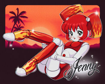 1girl alternate_color alternate_hair_color animification breasts character_name commentary flame_print full_body hashtag-only_commentary hugging_own_legs jenny_wakeman mountain my_life_as_a_teenage_robot palm_tree parted_lips red_hair red_lips robot_girl small_breasts solo sparkle sun tree twintails vampire_valentine