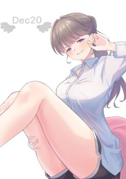 Rule 34 | 1girl, alternate costume, black shorts, breasts, caricariume, collared shirt, commentary request, dated, dolphin shorts, fujishima megumi, fujishima megumi (post-graduation), grin, hand on own thigh, highres, large breasts, link! like! love live!, long sleeves, looking at viewer, love live!, open collar, purple eyes, shirt, short shorts, shorts, simple background, smile, solo, thighs, virtual youtuber, white background, white shirt