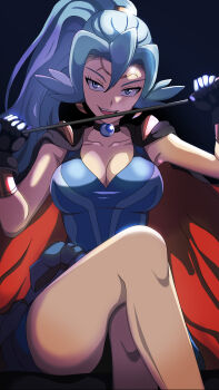 1girl :d absurdres alternate_costume armpits black_cape black_gloves blue_bodysuit blue_eyes blue_hair blue_sash bodysuit bracelet breasts cape choker choker_jewel clair_(pokemon) cleavage collarbone cosplay crossed_legs earrings eyelashes fire_emblem fire_emblem_awakening flipped_hair forehead_jewel gem gloves hair_between_eyes high_ponytail highres holding holding_weapon jewelry knees large_breasts licking licking_weapon long_hair looking_at_viewer nintendo open_mouth parted_bangs pearl_(gemstone) pokemon pokemon_heartgold_and_soulsilver ponytail red_cape sash sidelocks sitting smile solo teeth thick_thighs thighs tiki_(adult)_(fire_emblem) tiki_(adult)_(fire_emblem)_(cosplay) tiki_(fire_emblem) tiki_(fire_emblem)_(cosplay) tongue tsurime two-sided_cape two-sided_fabric upper_body upper_teeth_only vivivoovoo weapon whip