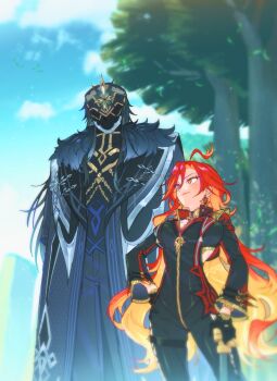 1boy 1girl ahoge biker_clothes bikesuit black_bodysuit black_gloves black_hair bodysuit breasts capitano_(genshin_impact) coat earrings fur-trimmed_coat fur_trim genshin_impact gloves height_difference highres jewelry long_hair luk7rmmm mask mavuika_(genshin_impact) multicolored_eyes multicolored_hair orange_eyes orange_hair red_hair smile sun_earrings tall two-tone_eyes two-tone_hair very_long_hair