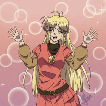 1990s_(style) 1girl ^_^ ahoge anime_coloring belt blonde_hair bubble closed_eyes commission commissioner_upload deltaflareon dress earrings fake_screenshot film_grain flat_chest happy jewelry long_hair long_sleeves lotte_farona necklace official_art open_hands open_mouth orange_dress orange_shirt parted_bangs pendant pink_background pointy_ears retro_artstyle shirt signature smile solo ways_of_darkness_(series)