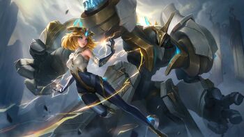 1girl blonde_hair edith_(mlbb) gun highres long_hair machine machine_gun mobile_legends:_bang_bang weapon
