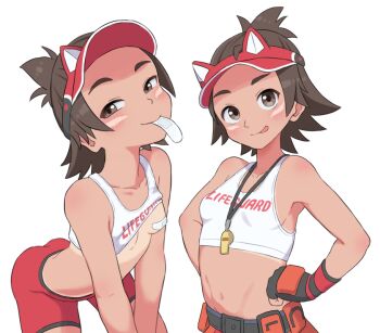 1girl :p aged_down bandaid bandaids_on_nipples breasts brown_eyes brown_hair bubukka closed_mouth clothes_lift commentary facial_mark fingerless_gloves gloves hands_on_own_hips kiriko_(overwatch) leaning_forward lifeguard_kiriko loli looking_at_viewer midriff mouth_hold multiple_views naughty_face navel overwatch overwatch_2 pasties shirt_lift short_hair simple_background small_breasts smile tan tank_top tanline tongue tongue_out visor_cap whisker_markings whistle whistle_around_neck white_background