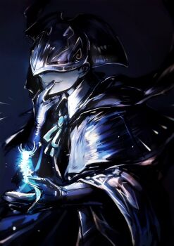 Rule 34 | 1girl, absurdres, black gloves, blindfold mask, bloodborne, capelet, coat, commentary request, covered eyes, dark background, dress, eye mask, finger to mouth, gloves, glowing, grin, hat, highres, holding, long sleeves, mask, partial commentary, ribbon, smile, solo, surumenabe, upper body, yurie the last scholar