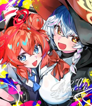 2girls blue_archive braid breasts colorful commentary_request eri_(blue_archive) hat highres large_breasts maki_(blue_archive) multiple_girls necktie red_hair ribbon shiromoca signature white_hair