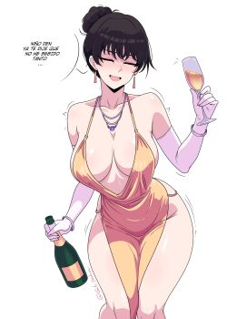 1girl absurdres alcohol alternate_costume black_hair bottle bow bracelet breasts chainsaw_man check_translation cleavage closed_eyes collarbone commentary cowboy_shot cup dress drinking_glass drunk earrings elbow_gloves english_commentary facing_viewer gloves gold_dress gratam hair_bun halter_dress halterneck highres holding holding_bottle holding_cup jewelry large_breasts mature_female mitaka_asa's_mother narrow_waist necklace new_year no_bra no_panties open_mouth pelvic_curtain revealing_clothes simple_background single_hair_bun sleeveless solo spanish_text standing talking teeth translation_request twitter_username upper_teeth_only white_background white_bow wide_hips wine wine_bottle wine_glass
