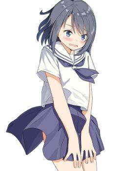 1girl absurdres blue_eyes blue_skirt blush cowboy_shot dot_nose embarrassed highres negimiso1989 open_mouth original parted_bangs pleated_skirt sailor_collar school_uniform serafuku shirt short_hair short_sleeves sidelocks simple_background skirt skirt_tug solo wavy_mouth white_background white_sailor_collar white_shirt