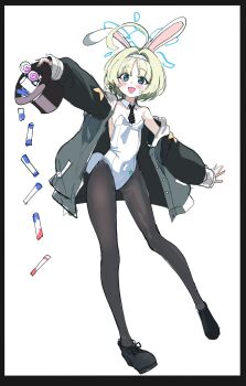 Rule 34 | 1girl, ahoge, alternate costume, animal ears, black hat, black jacket, black necktie, black pantyhose, black shoes, blonde hair, blue archive, blue eyes, blush, breasts, detached collar, fake animal ears, fake tail, full body, green eyes, green hair, halo, hat, highres, holding, holding unworn clothes, holding unworn hat, jacket, leotard, looking at viewer, necktie, open clothes, open jacket, open mouth, pantyhose, playboy bunny, rabbit ears, rabbit tail, ritsu (blue archive), sak (lemondisk), shoes, short hair, simple background, small breasts, smile, solo, strapless, strapless leotard, tail, top hat, unworn hat, unworn headwear, white background, white leotard