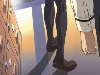 00s 1boy 1girl 2001 animated animated_gif anime_screenshot bible_black bible_black_night_of_the_walpulgiss black_thighhighs bow bowtie breasts brown_hair green_eyes hair_ornament imari_kurumi large_breasts long_hair minase_taki necktie red_bow red_bowtie red_skirt school_uniform shirt shoes short_hair side_ponytail skirt socks sunset tagme thighhighs