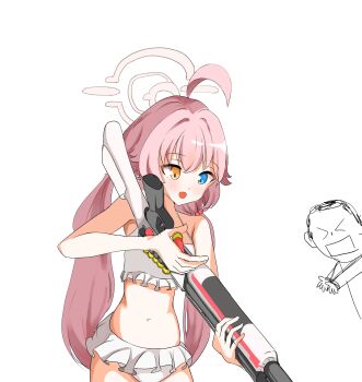 >_< 1boy 1girl absurdres ahoge ar16 bikini blue_archive blue_eyes bound bound_wrists doodle_sensei_(blue_archive) frilled_bikini frills gun halo heterochromia highres hoshino_(blue_archive) long_hair navel pink_hair reloading sensei_(blue_archive) shotgun swimsuit weapon yellow_eyes