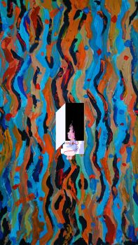 Rule 34 | 1girl, abstract, absurdres, blue shirt, collared shirt, colorful, covered eyes, dissolving, door, full body, highres, komeiji satori, mixed media, open door, pink hair, pink shoes, pink skirt, shirt, shoes, sitting, skirt, solo, third eye, touhou, wide shot, xmzhier
