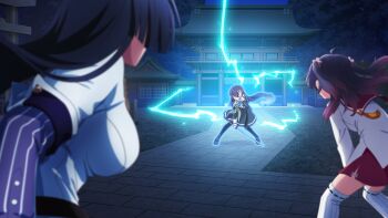 Rule 34 | 3girls, ahoge, architecture, asakura mihono, black hair, blurry, blurry foreground, breasts, brown hair, building, dress, east asian architecture, electricity, game cg, gradient hair, green dress, green neckerchief, heijou institute school uniform, holding, holding sword, holding weapon, jacket, juujou hiyori, katana, large breasts, long hair, long sleeves, medium hair, minoseki gakuin uniform, multicolored hair, multiple girls, neckerchief, non-web source, origami yukari, outdoors, pavement, purple shirt, red hair, red sailor collar, red skirt, sailor collar, school uniform, shirt, skirt, sword, thighhighs, toji no miko, toji no miko: kizamishi issen no tomoshibi, two side up, weapon, white jacket, white shirt, white thighhighs, winter uniform