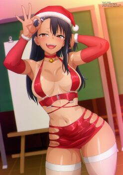 1girl anime_coloring areola_slip arm_behind_head armpits bell black_hair blush bodycon breasts brown_eyes christmas covered_erect_nipples cropped_legs dark-skinned_female dark_skin elbow_gloves fangs gloves hat highres ijiranaide_nagatoro-san indoors large_breasts long_hair looking_at_viewer microskirt midriff miniskirt nagatoro_hayase navel neck_bell ok_sign one-piece_tan red_gloves revealing_clothes santa_hat shiny_skin skirt smile smug solo tan tanline teeth thighhighs upper_teeth_only white_thighhighs zel-sama