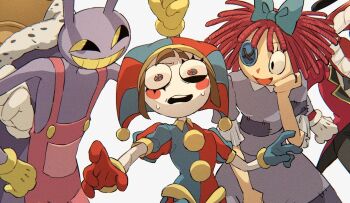 2girls 3boys animal_ears caine_(the_amazing_digital_circus) chess_piece doll dress formal_clothes hat highres jax_(the_amazing_digital_circus) jester jester_cap jester_costume king_(chess) kinger_(the_amazing_digital_circus) medium_hair multicolored_eyes multiple_boys multiple_girls overalls patchwork_clothes pomni_(the_amazing_digital_circus) purple_fur rabbit_ears ragatha_(the_amazing_digital_circus) red_hair sonokare suit the_amazing_digital_circus top_hat