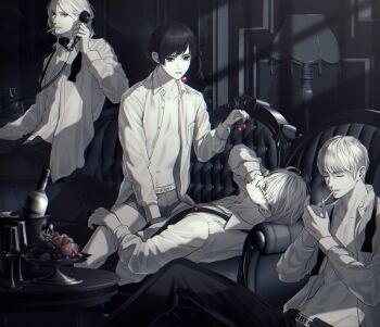 4boys abs absurdres ahoge america_(hetalia) antique_phone axis_powers_hetalia belt bottle bucket buttons cherry cigarette closed_eyes closed_mouth collarbone collared_shirt commentary_request couch cup drinking_glass feet_out_of_frame fingernails food france_(hetalia) fruit glasses grapes greyscale hair_between_eyes hand_up hands_up highres holding holding_cigarette holding_phone indoors japan_(hetalia) lamp lighter lips long_sleeves looking_at_viewer lying male_focus male_underwear monochrome multiple_boys muscular muscular_male navel necktie npyon on_back on_couch open_clothes open_shirt pants pectorals phone puffy_long_sleeves puffy_sleeves rotary_phone semi-rimless_eyewear shadow shirt short_hair sitting sitting_on_person smile smoke smoking strawberry striped_clothes striped_shirt table tassel teeth tray underwear united_kingdom_(hetalia) wine_glass yaoi zippo_lighter