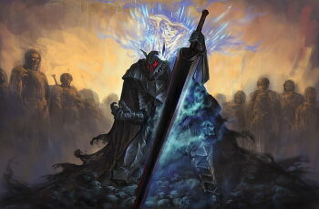 activation armor berserker_armor black_armor black_cape cape clothes crowd darkness dragonslayer_(sword) guts_(berserk) hat holding holding_weapon light long_sword magic multiple_skulls multiple_swords nervous people red_eyes schierke_(berserk) simple_background skull soul struggling surrounded trigger weapon witch_hat worried