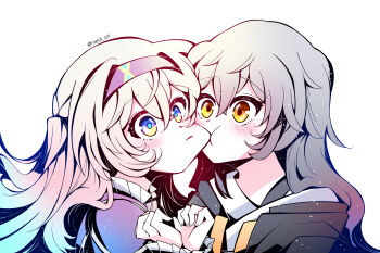 2girls biting biting_cheek black_hairband commentary electronduck english_commentary firefly_(honkai:_star_rail) gradient_hair green_hair grey_hair hairband highres honkai:_star_rail honkai_(series) long_hair long_sleeves multicolored_hair multiple_girls purple_eyes simple_background stelle_(honkai:_star_rail) trailblazer_(honkai:_star_rail) twitter_username two-tone_hair white_background yellow_eyes