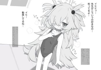 1girl blue_archive commentary_request greyscale hair_over_one_eye highres kanoe_(blue_archive) loli long_hair monochrome one-piece_swimsuit paid_reward_available solo swimsuit translation_request zeru_(wisel_army)