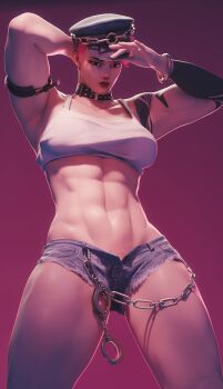 1girl 3d abs absurdres arm_tattoo armpits belt_collar bracelet breasts closed_mouth collar collarbone cosplay crop_top cuffs cutoffs denim denim_shorts female_pubic_hair final_fight fugtrup handcuffs hat highres jewelry looking_at_viewer medium_breasts muscular muscular_female navel overwatch peaked_cap pink_background pink_hair poison_(final_fight) poison_(final_fight)_(cosplay) protected_link pubic_hair scar scar_across_eye scar_on_face short_hair short_shorts shorts simple_background solo street_fighter studded_collar tank_top tattoo variant_set zarya_(overwatch)